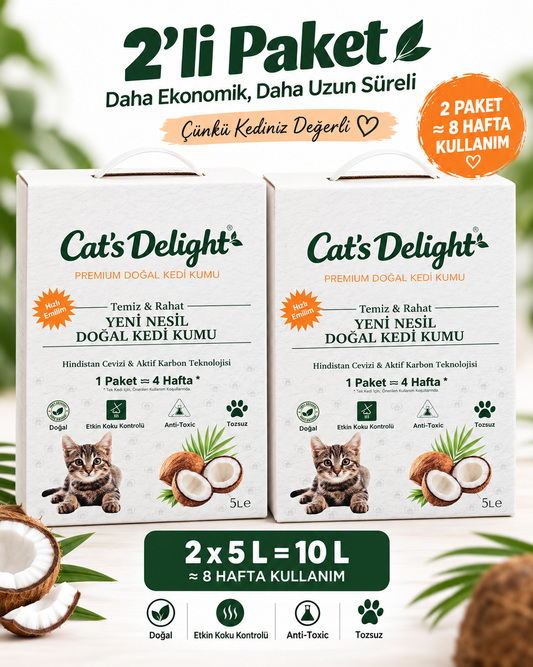 Cat’s Delight Doğal Kedi Kumu – Hindistan Cevizi & Aktif Karbon, 2 × 5 L