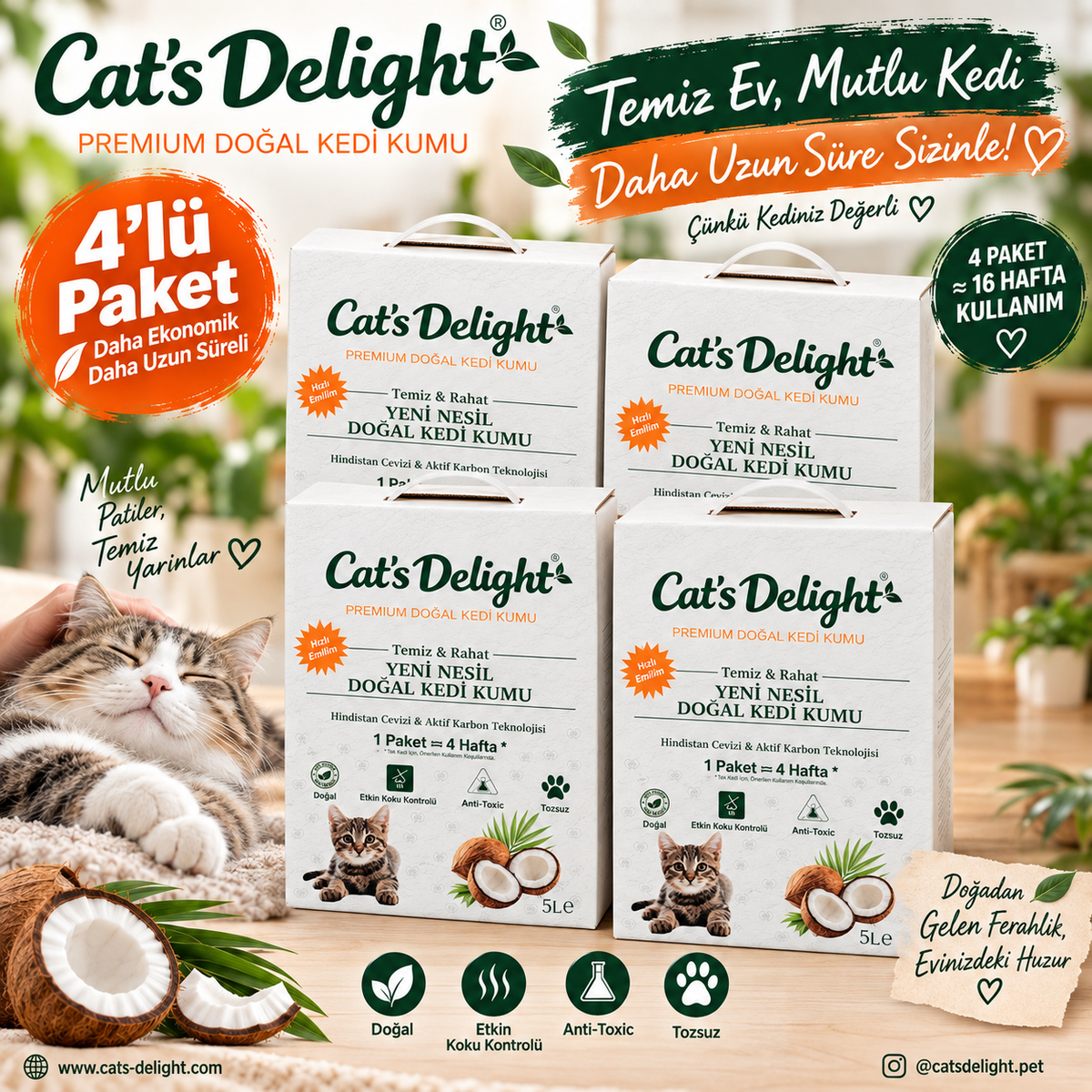 CAT'S DELIGHT PREMIUM DOĞAL KEDİ KUMU – 4'LÜ PAKET- (20 L)