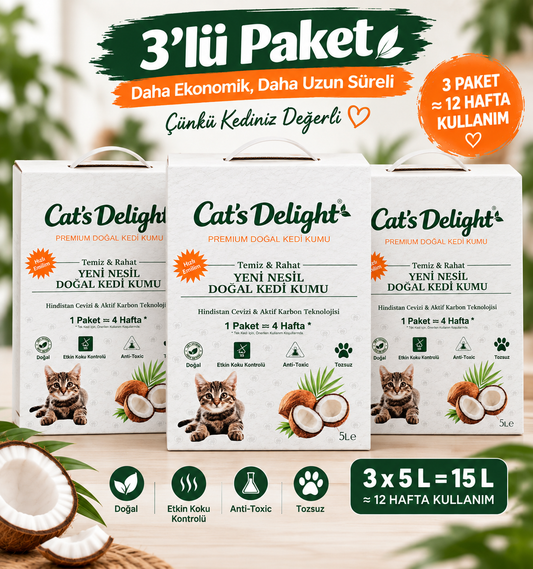 CAT'S DELIGHT PREMIUM DOĞAL KEDİ KUMU – 3'LÜ PAKET -(15 L)